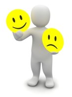 Figure holding happy and sad faces